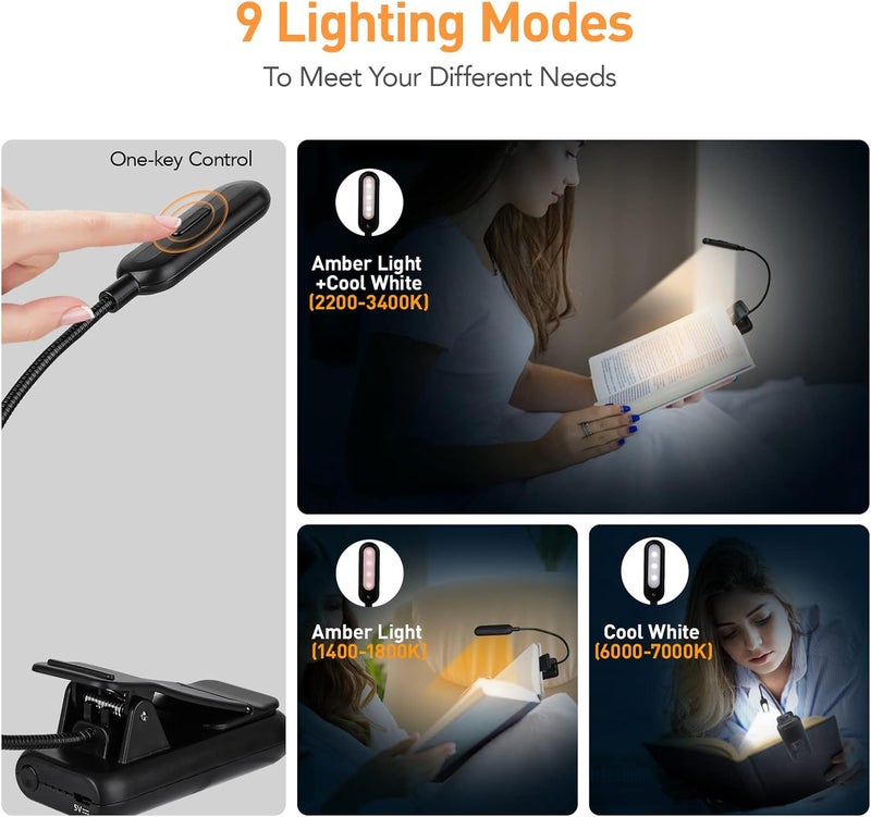 vavofo Amber Rechargeable Reading Light, Blue Light Blocking Book Light, 7 LEDs Eye Care 9 Colors 9 Brightness Clip On for Kids Bookworms Reading in Bed with Power Indicator Lasting 70h (Black) - Image 2